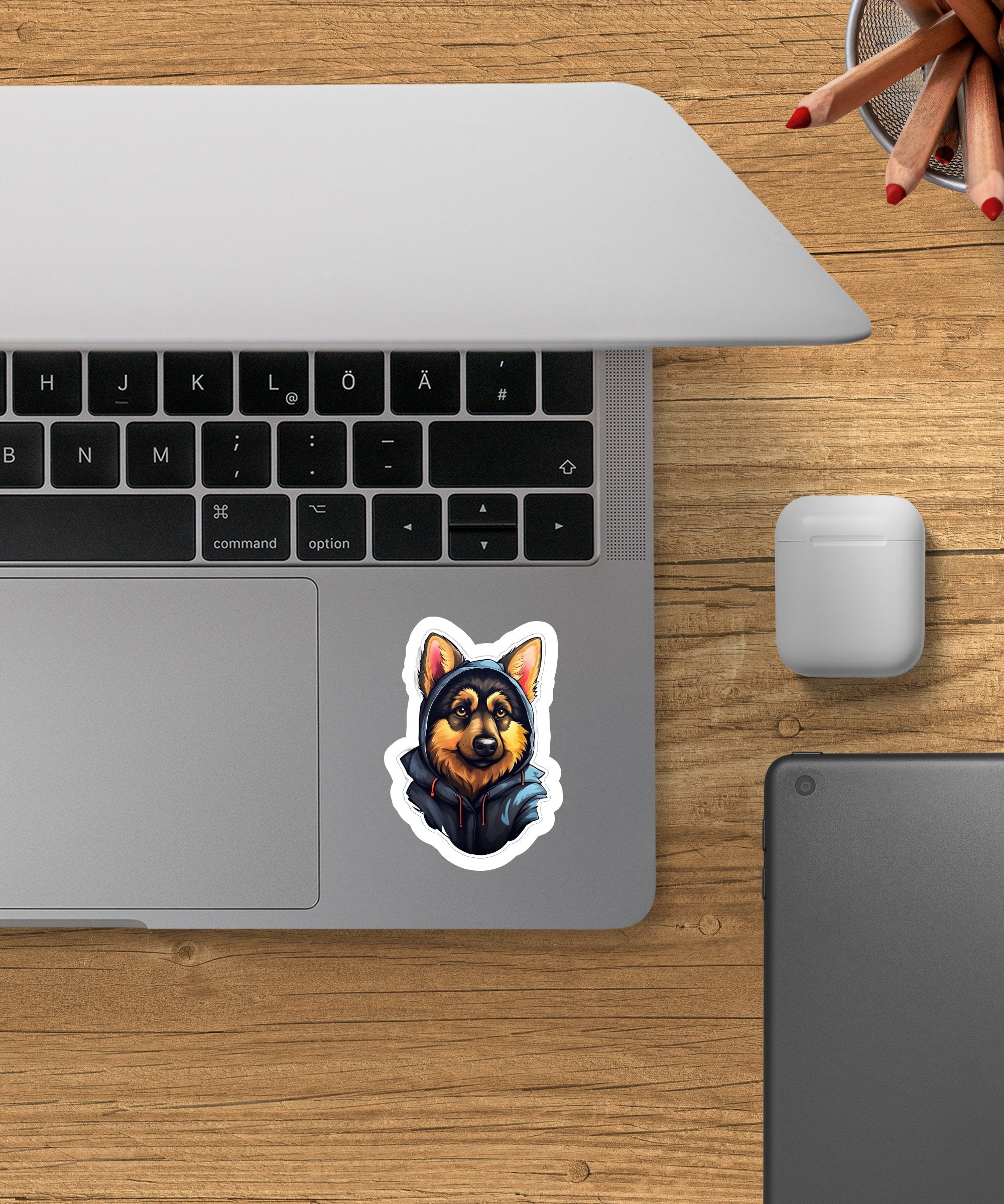 Cute Sticker | German Shepherd Puppy Wearing a Blue and Gray hoodie - Gabe Atkins Designs