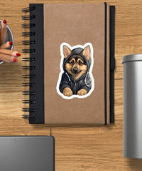 Cute Sticker German Shepherd Puppy Wearing a Dark Hoodie - Gabe Atkins Designs