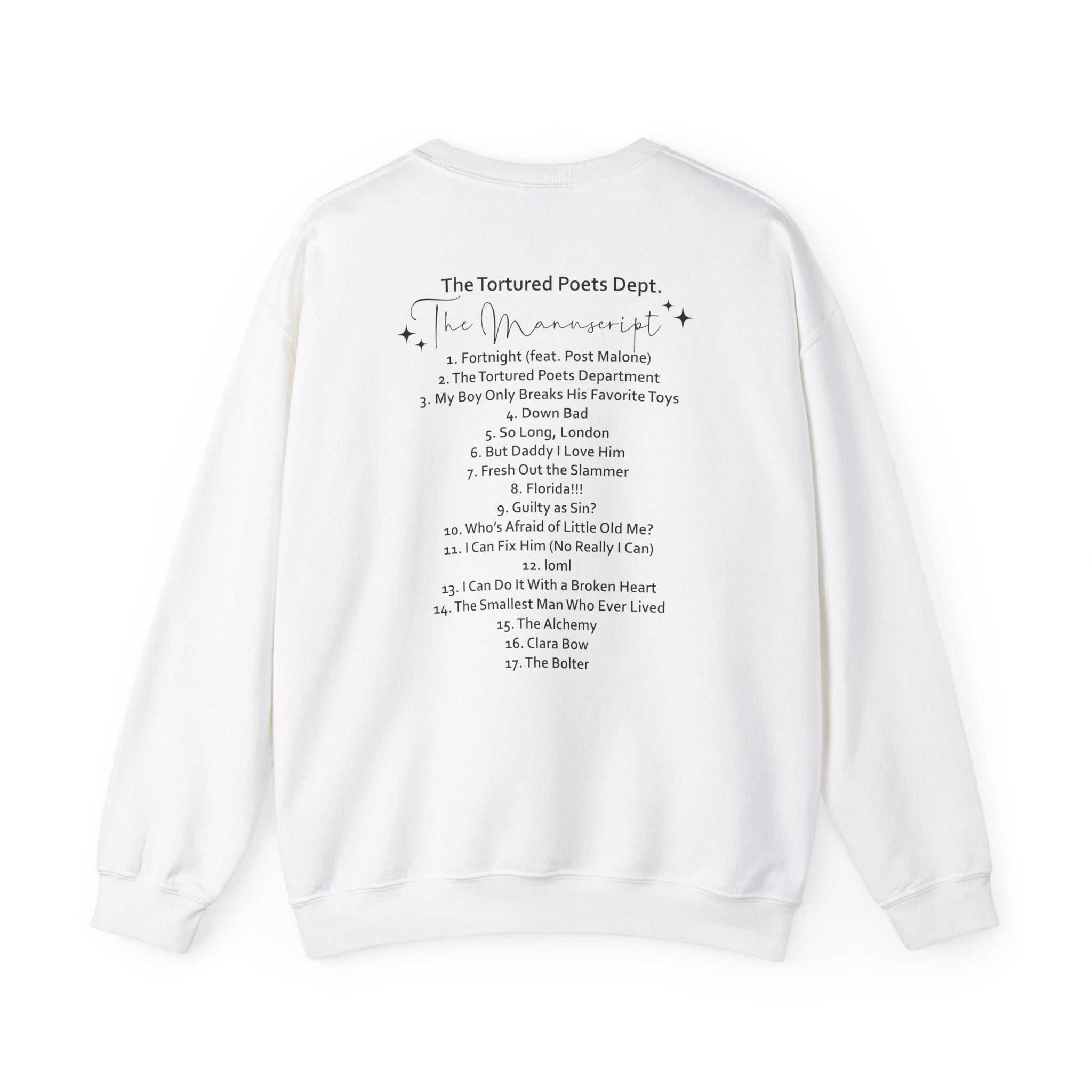 The Tortured Poets Department Sweatshirt with Tracklist on The Back |  | Tortured Poets Department Unisex Sweatshirt