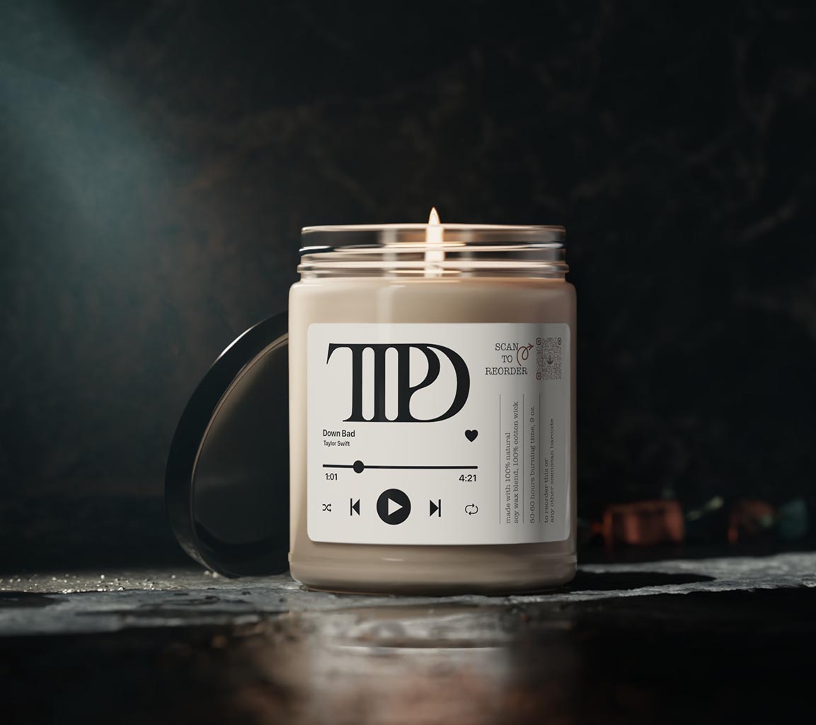 Taylor Swift Candle - Down Bad 9oz. Scented Candle. Available in clean cotton, Sea Sal + orchid, White Sage + Lavender, Apple Harvest, Cinamon Vanilla, Atlantis Whisper, Christmas Warmth, Coconut Cream + Cardamom, Peppered Passionfruit and Unscented