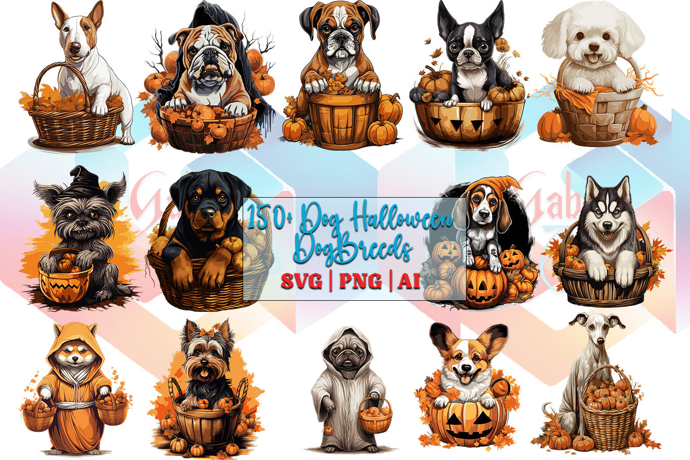 Halloween Dogs Clipart Bundle Sublimation Design | Over 50 Dog Breeds  | Halloween Dog Clipart Bundle