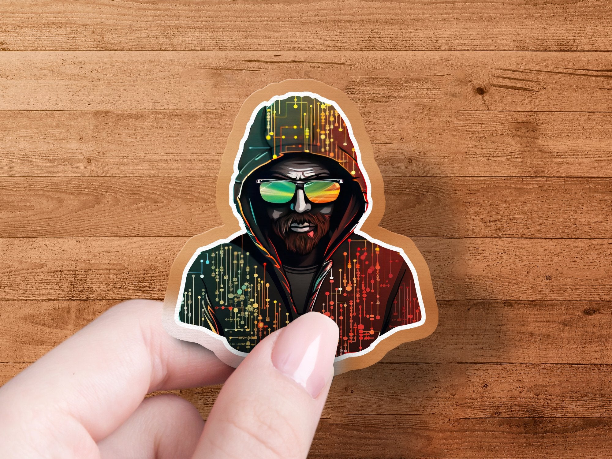 Bearded Half Human Half Cyborg Wearing glasses and a hoodie Sticker, C | hoodie Sticker, Car Decal, Car Sticker, Phone Decal, Phone Case