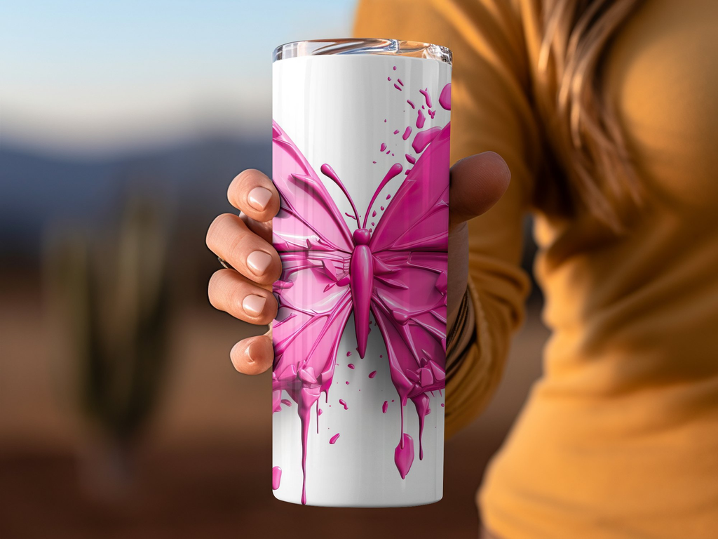 20 Oz Tumbler Wrap | 3D Watercolor Pink Butterfly | Seamless Design - Gabe Atkins Designs