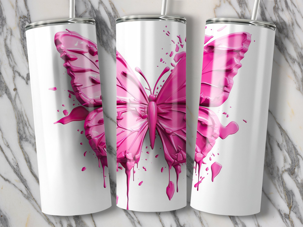 20 Oz Tumbler Wrap | 3D Watercolor Pink Butterfly | Seamless Design - Gabe Atkins Designs