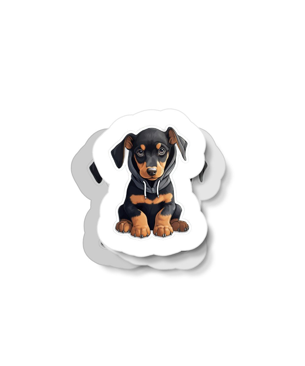 Cute Sticker Doberman Puppy Wearing a Dark Hoodie - Gabe Atkins Designs