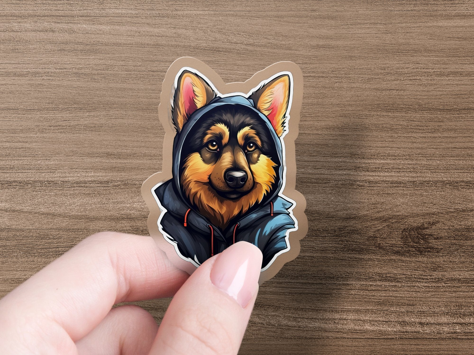 Cute Sticker | German Shepherd Puppy Wearing a Blue and Gray hoodie - Gabe Atkins Designs