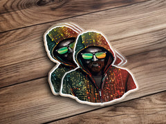 Bearded Half Human Half Cyborg Wearing glasses and a hoodie Sticker, C | hoodie Sticker, Car Decal, Car Sticker, Phone Decal, Phone Case