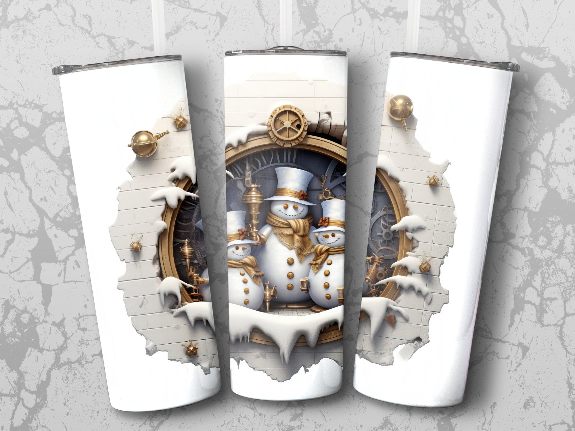 Gold Themed Three Snowmen Peeking Through Cracked Wall 20 oz Skinny Tumbler Wrap - Gabe Atkins Designs