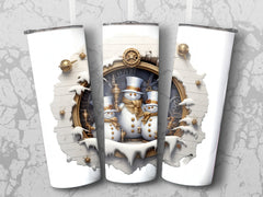 Gold Themed Three Snowmen Peeking Through Cracked Wall 20 oz Skinny Tumbler Wrap - Gabe Atkins Designs