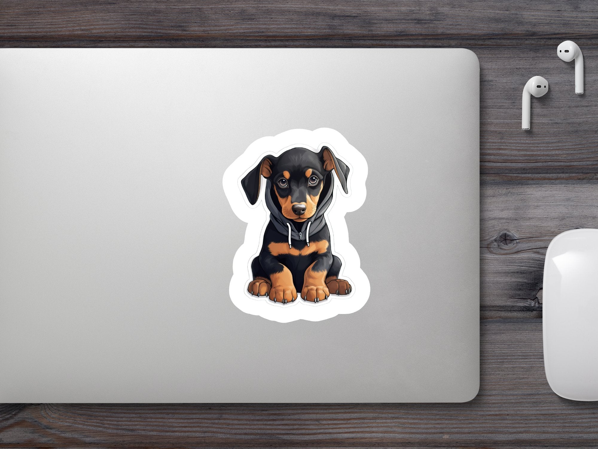 Cute Sticker Doberman Puppy Wearing a Dark Hoodie - Gabe Atkins Designs