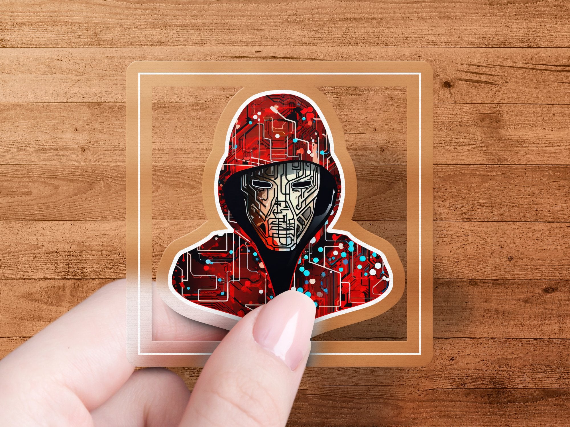 red hoodie hacker circuit board mask laptop sticker laptop decal laptop sticker computer decal computer sticker - Gabe Atkins Designs