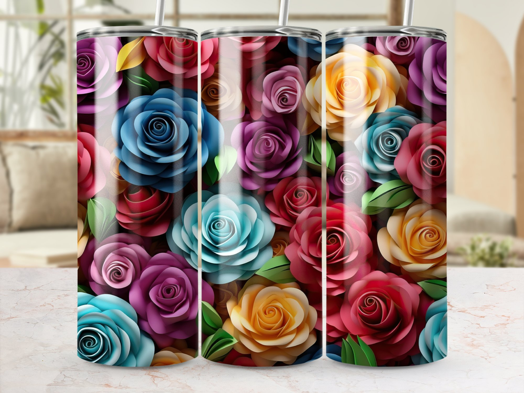 Colorful Roses 20 oz Skinny Tumbler Wrap | Seamless 3D Design | Instan | Colorful Roses 20 oz Skinny Tumbler Wrap