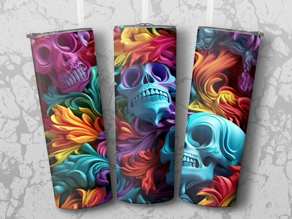 Colorful Skulls 20 oz Skinny Tumbler Wrap Sublimation Design, Straight | Colorful Skulls 20 oz Skinny Tumbler Wrap Sublimation Design, Straight