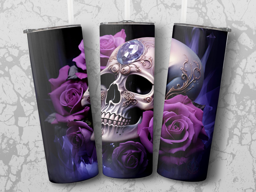 Ethereal Elegance: 3D Skull and Purple Roses 20oz Tumbler Wrap Sublima | Purple Roses 20oz Tumbler Wrap Sublimation PNG