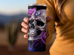 Ethereal Elegance: 3D Skull and Purple Roses 20oz Tumbler Wrap Sublima | Purple Roses 20oz Tumbler Wrap Sublimation PNG