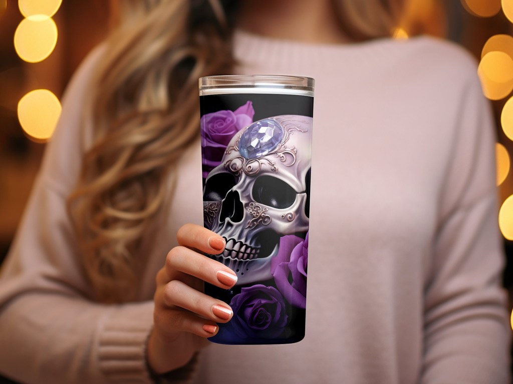 Ethereal Elegance: 3D Skull and Purple Roses 20oz Tumbler Wrap Sublima | Purple Roses 20oz Tumbler Wrap Sublimation PNG