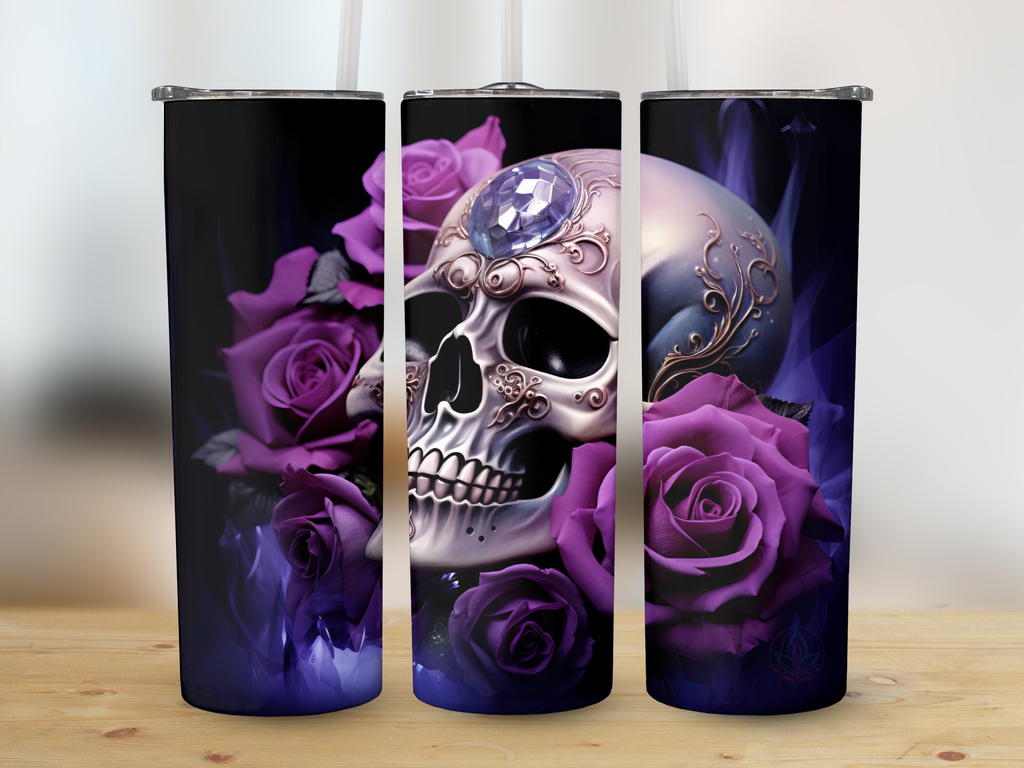 Ethereal Elegance: 3D Skull and Purple Roses 20oz Tumbler Wrap Sublima | Purple Roses 20oz Tumbler Wrap Sublimation PNG