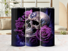 Ethereal Elegance: 3D Skull and Purple Roses 20oz Tumbler Wrap Sublima | Purple Roses 20oz Tumbler Wrap Sublimation PNG