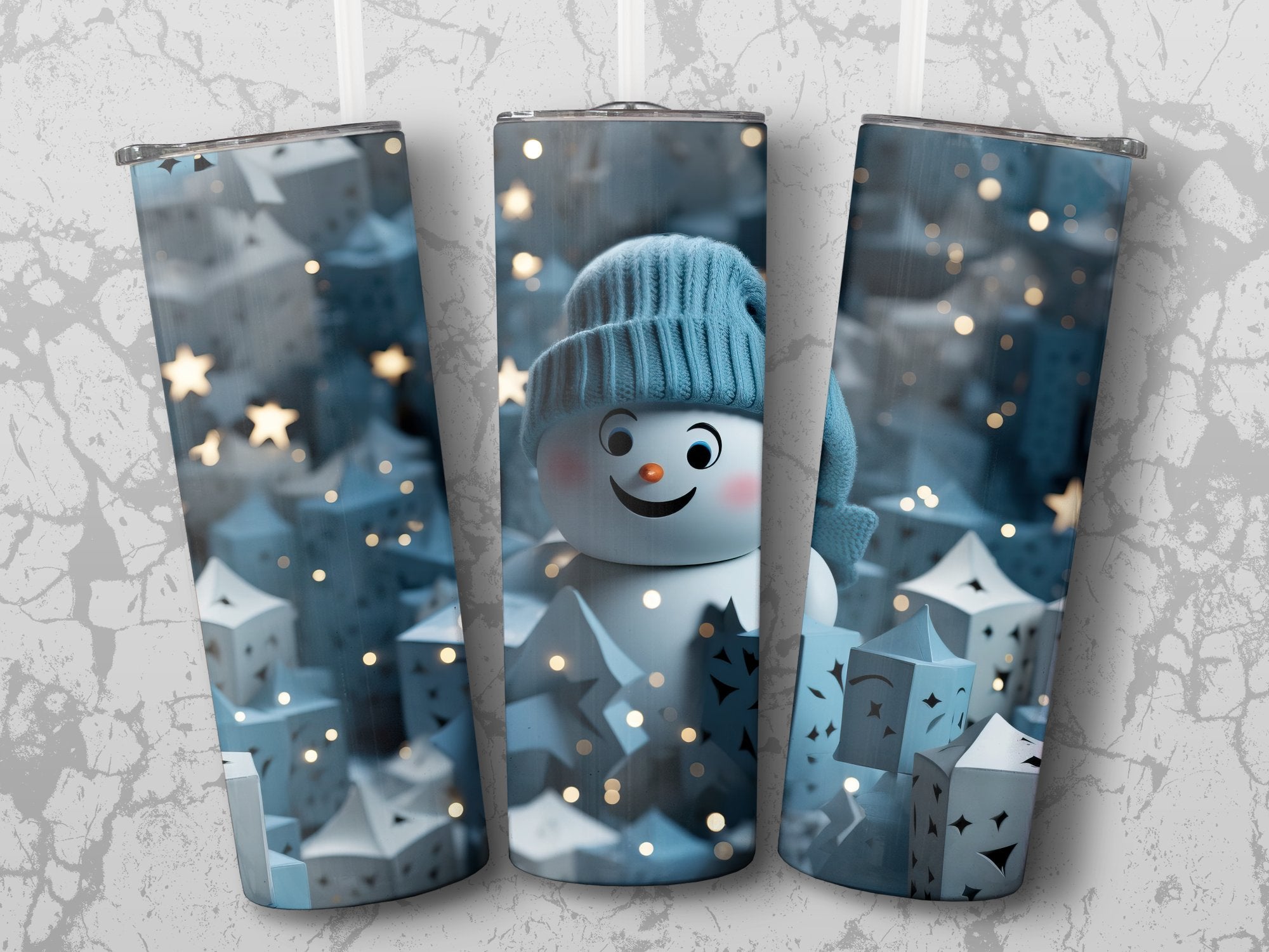 20 Oz Skinny Tumbler Wrap | Beautiful Blue 3D Snowman | Seamless Design | Winter Scene - Gabe Atkins Designs