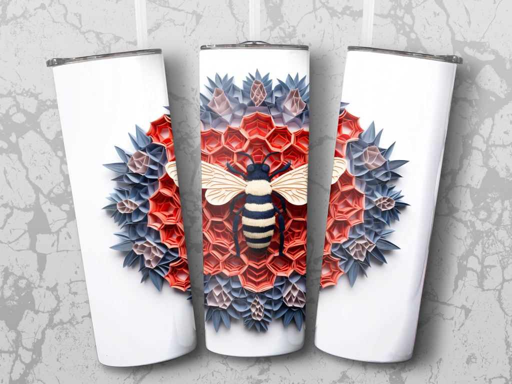 3d Intricate Bee in a Honeycomb 20 oz Skinny Tumbler Wrap Sublimation  | Honeycomb 20 oz Skinny Tumbler Wrap Sublimation Design, Seamless, Straight