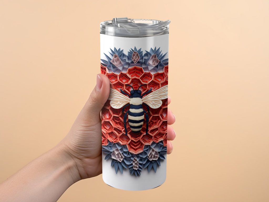 3d Intricate Bee in a Honeycomb 20 oz Skinny Tumbler Wrap Sublimation  | Honeycomb 20 oz Skinny Tumbler Wrap Sublimation Design, Seamless, Straight