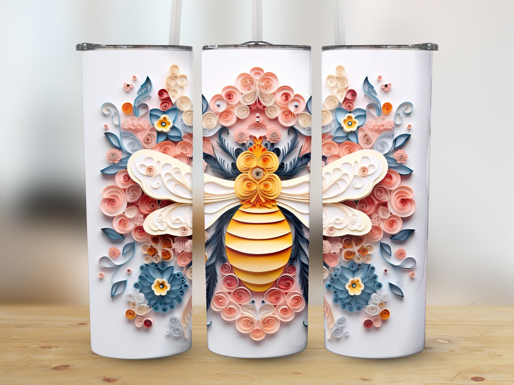 3d Intricate Bee on a Floral Design 20 oz Skinny Tumbler Wrap Sublimat | Floral Design 20 oz Skinny Tumbler Wrap Sublimation Design, Seamless, Straight