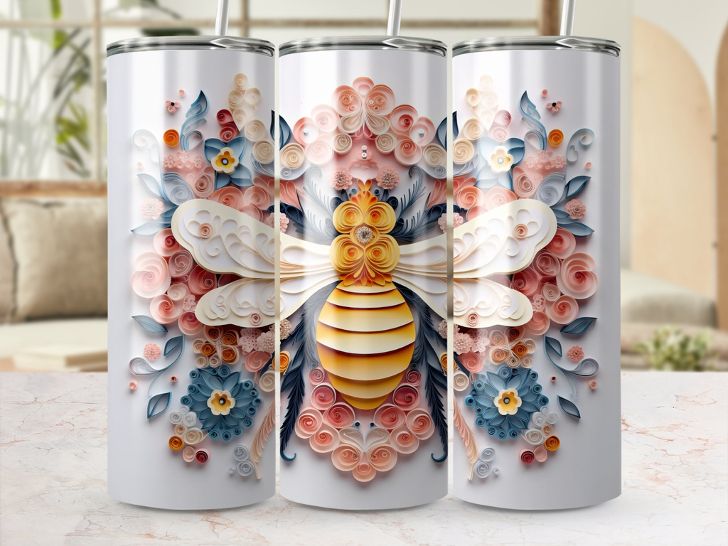 3d Intricate Bee on a Floral Design 20 oz Skinny Tumbler Wrap Sublimat | Floral Design 20 oz Skinny Tumbler Wrap Sublimation Design, Seamless, Straight