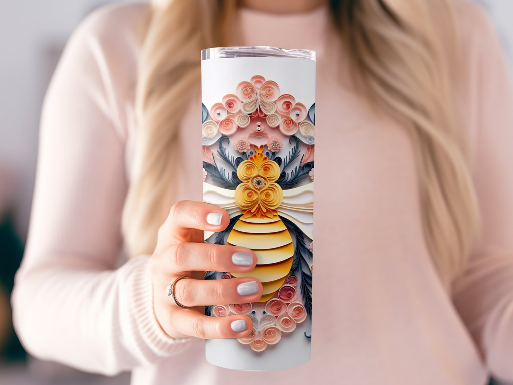 3d Intricate Bee on a Floral Design 20 oz Skinny Tumbler Wrap Sublimat | Floral Design 20 oz Skinny Tumbler Wrap Sublimation Design, Seamless, Straight