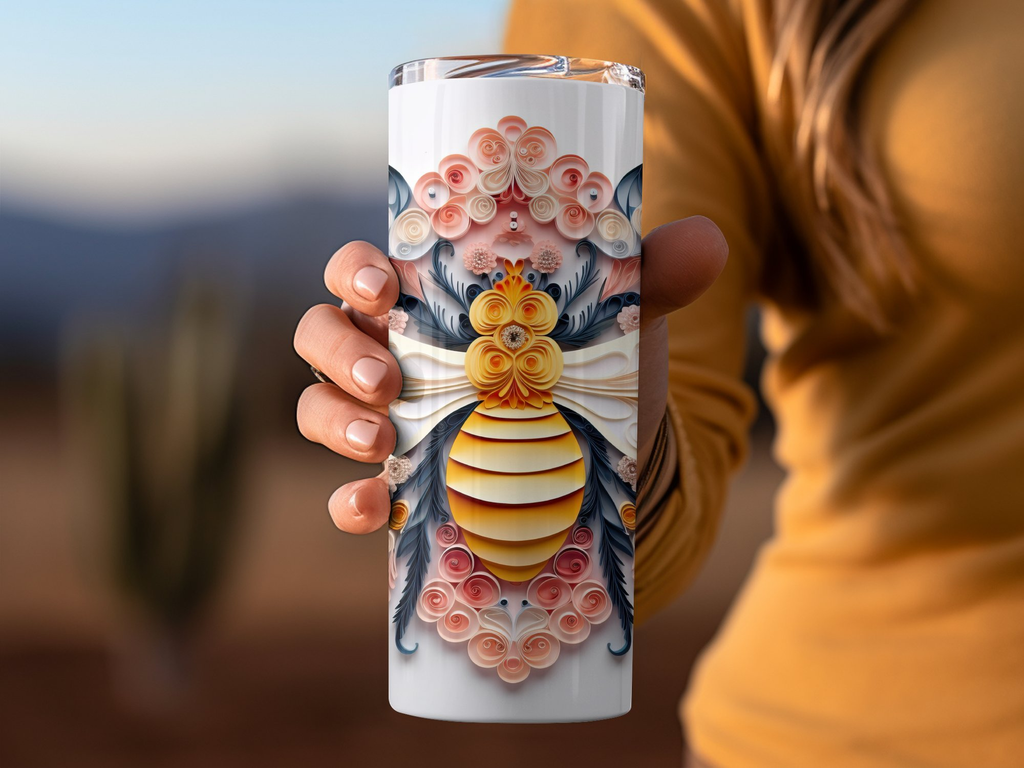 3d Intricate Bee on a Floral Design 20 oz Skinny Tumbler Wrap Sublimat | Floral Design 20 oz Skinny Tumbler Wrap Sublimation Design, Seamless, Straight