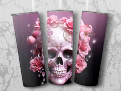 3d Skull With Pink Flowers 20 oz Skinny Tumbler Wrap Sublimation Desig | Pink Flowers 20 oz Skinny Tumbler Wrap Sublimation Design, Straight