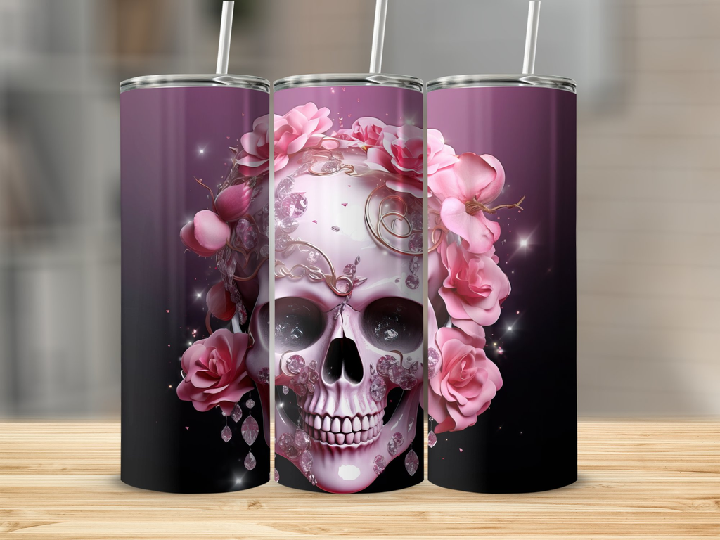 3d Skull With Pink Flowers 20 oz Skinny Tumbler Wrap Sublimation Desig | Pink Flowers 20 oz Skinny Tumbler Wrap Sublimation Design, Straight