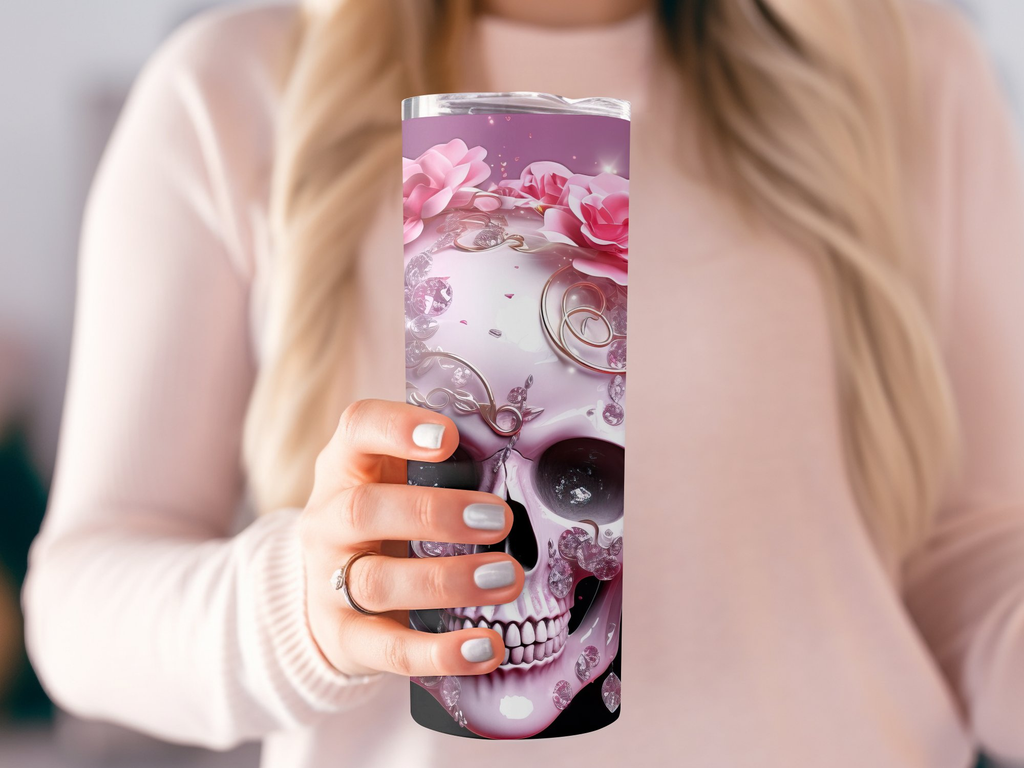 3d Skull With Pink Flowers 20 oz Skinny Tumbler Wrap Sublimation Desig | Pink Flowers 20 oz Skinny Tumbler Wrap Sublimation Design, Straight