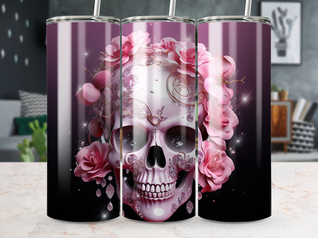 3d Skull With Pink Flowers 20 oz Skinny Tumbler Wrap Sublimation Desig | Pink Flowers 20 oz Skinny Tumbler Wrap Sublimation Design, Straight