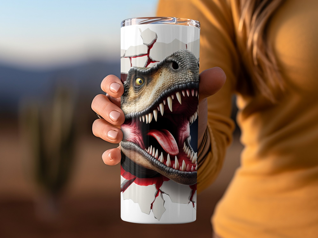 3D T-Rex Breaking Through The Wall, 20 oz Skinny Tumbler Wrap Sublimat | Wall, 20 oz Skinny Tumbler Wrap Sublimation Design, Straight