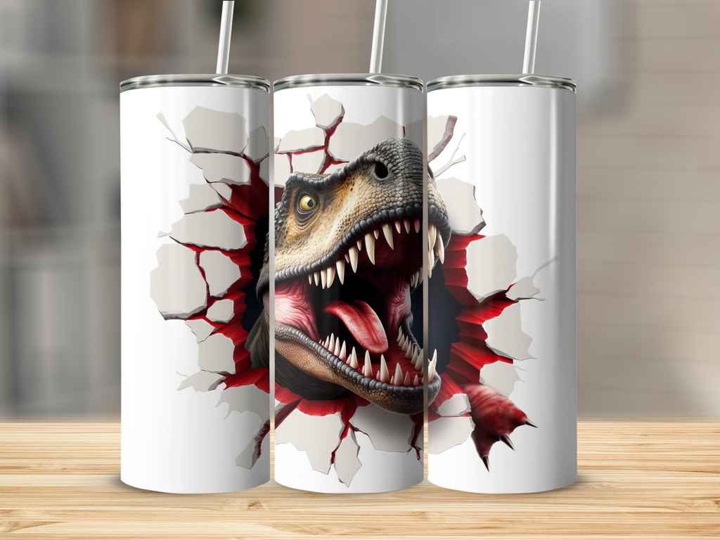 3D T-Rex Breaking Through The Wall, 20 oz Skinny Tumbler Wrap Sublimat | Wall, 20 oz Skinny Tumbler Wrap Sublimation Design, Straight