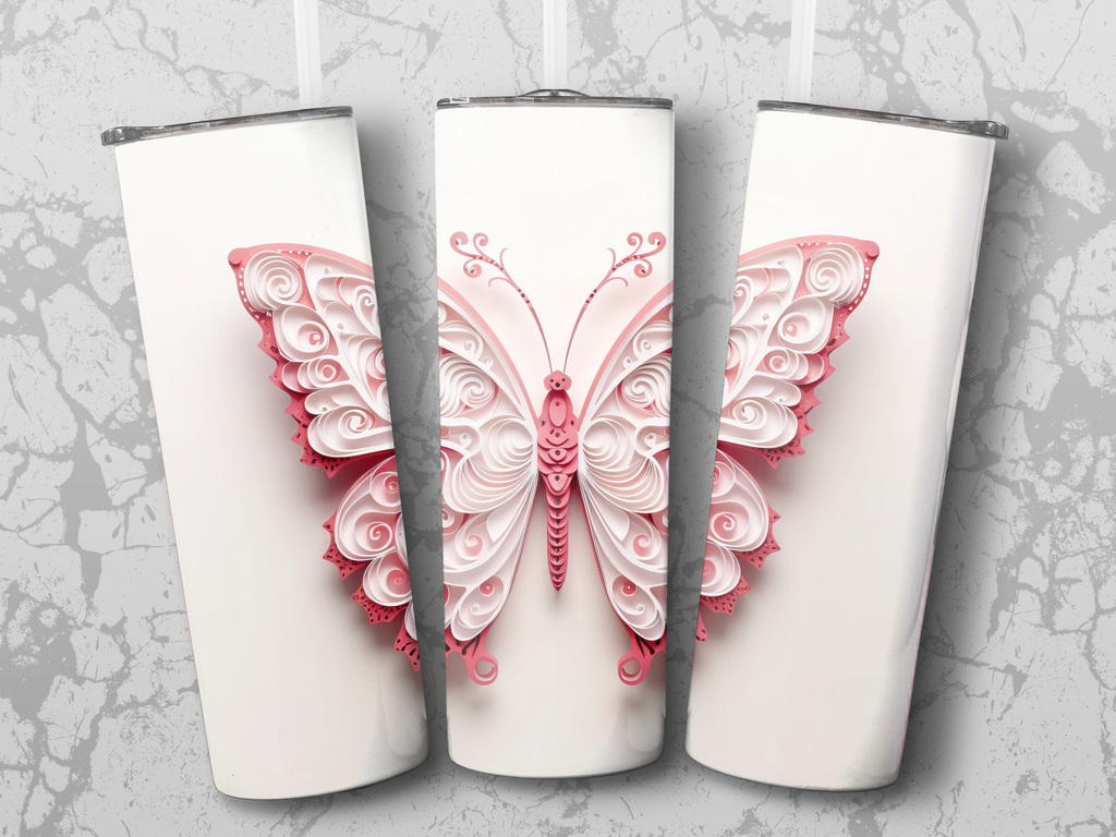 3d pink and white Intricate Butterfly 20 oz Skinny Tumbler Sublimation | white Intricate Butterfly 20 oz Skinny Tumbler Sublimation Design