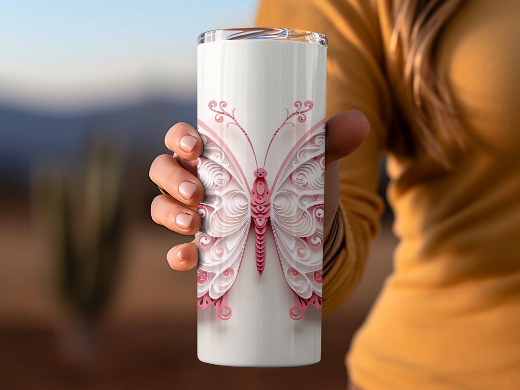 3d pink and white Intricate Butterfly 20 oz Skinny Tumbler Sublimation | white Intricate Butterfly 20 oz Skinny Tumbler Sublimation Design