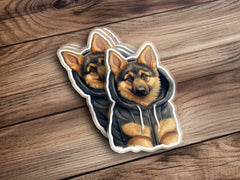 Cute Sticker German Shepherd Puppy Wearing a Hoodie With Ears Outsides | Sticker | adorable pet, animal lover, car bumper sticker, chibi puppy, cool waterbottle, Hoodie, hoodie pup, laptop label, party favor kids, Puppy Hoodie, school supply label, vinyl groovy style, waterproof decal | MyDesigns