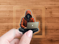 InfoSec Cyberpunk hacker wearing a red hoodie Sticker, laptop sticker, | red hoodie Sticker, laptop sticker, laptop skin, macbook pro decal, macbook pro