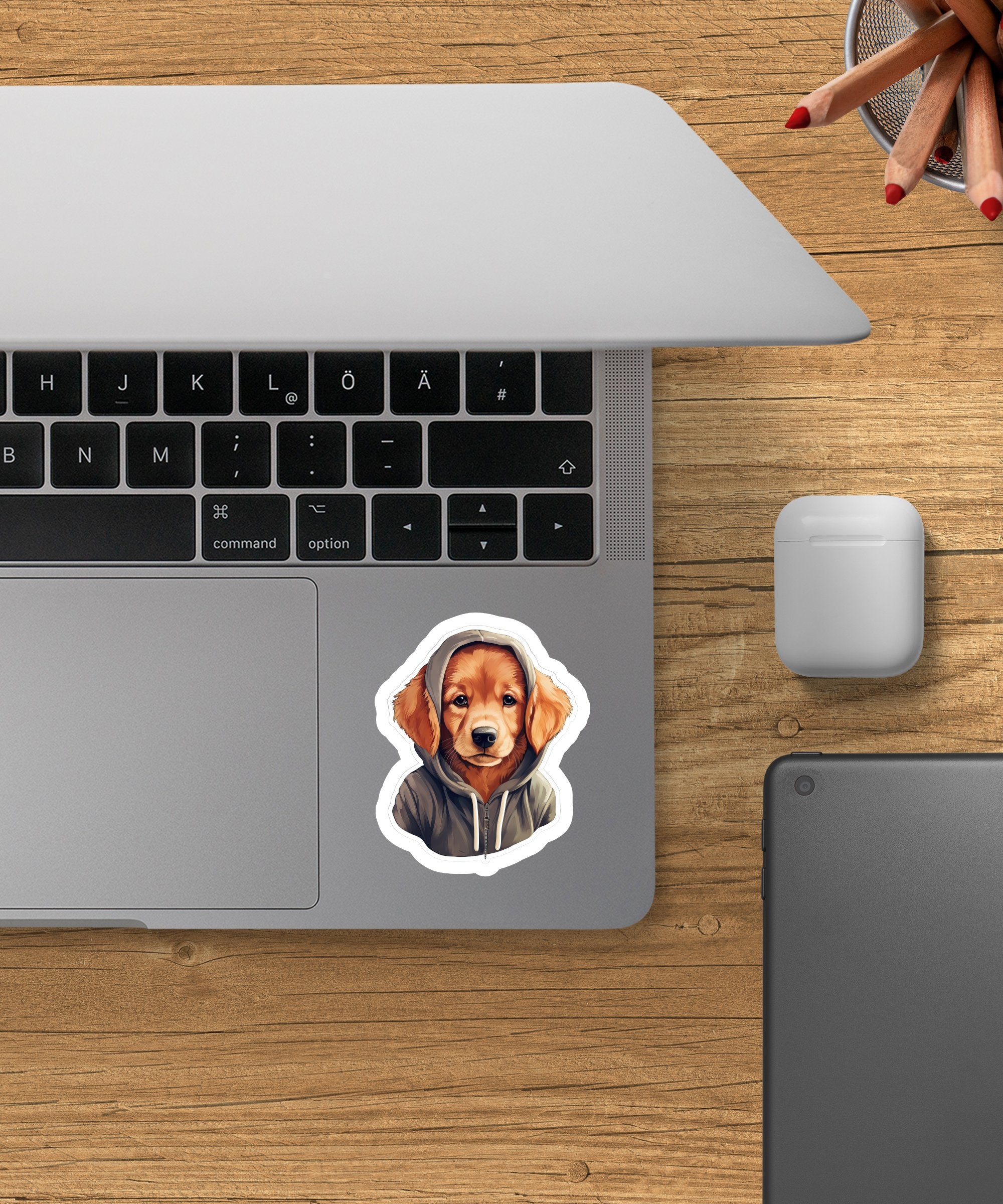 Cute Sticker Golden Retriever wearing a Dark Hoodie - Gabe Atkins Designs