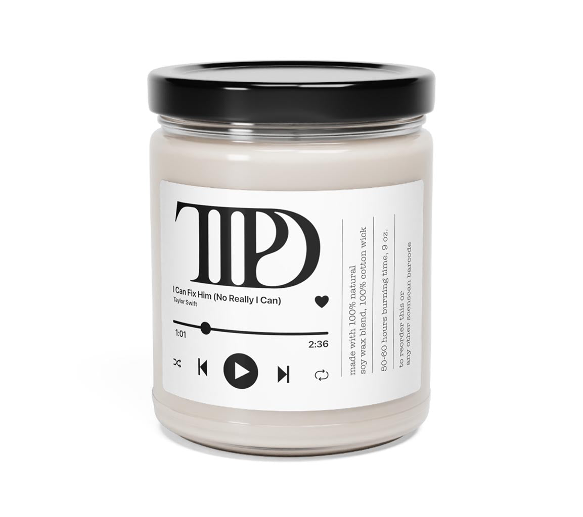 Taylor Swift Fan Candle- I Can Fix Him (No Really, I can)  9oz. Scented Candle. Available in clean cotton, Sea Sal + orchid, White Sage + Lavender, Apple Harvest, Cinamon Vanilla, Atlantis Whisper, Christmas Warmth, Coconut Cream + Cardamom, Peppered Passionfruit and Unscented Front View of the Candle with cap on