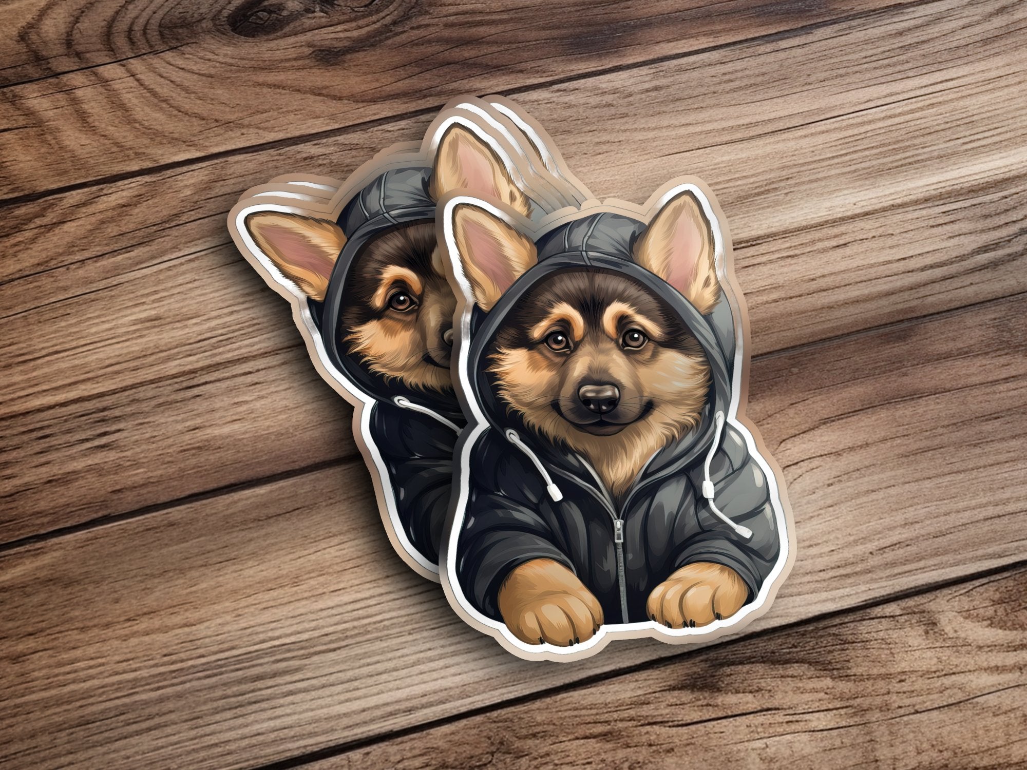 Cute Sticker German Shepherd Puppy Wearing a Dark Hoodie | Sticker | adorable pet, animal lover, car bumper sticker, chibi puppy, cool waterbottle, Hoodie, hoodie pup, laptop label, party favor kids, Puppy Hoodie, school supply label, vinyl groovy style, waterproof decal | MyDesigns