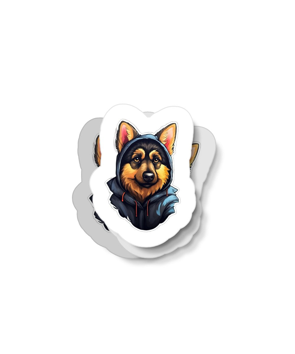 Cute Sticker | German Shepherd Puppy Wearing a Blue and Gray hoodie - Gabe Atkins Designs