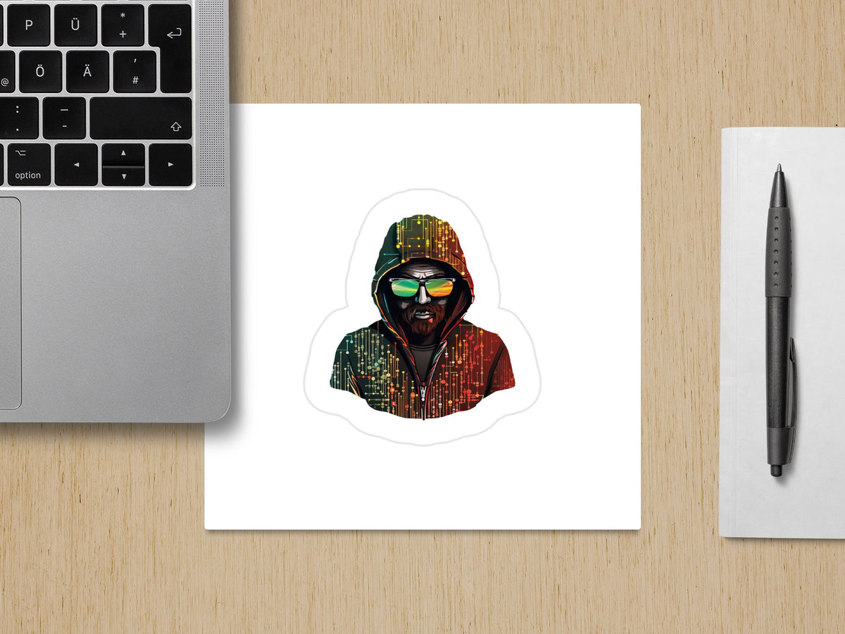 Bearded Half Human Half Cyborg Wearing glasses and a hoodie Sticker, C | hoodie Sticker, Car Decal, Car Sticker, Phone Decal, Phone Case