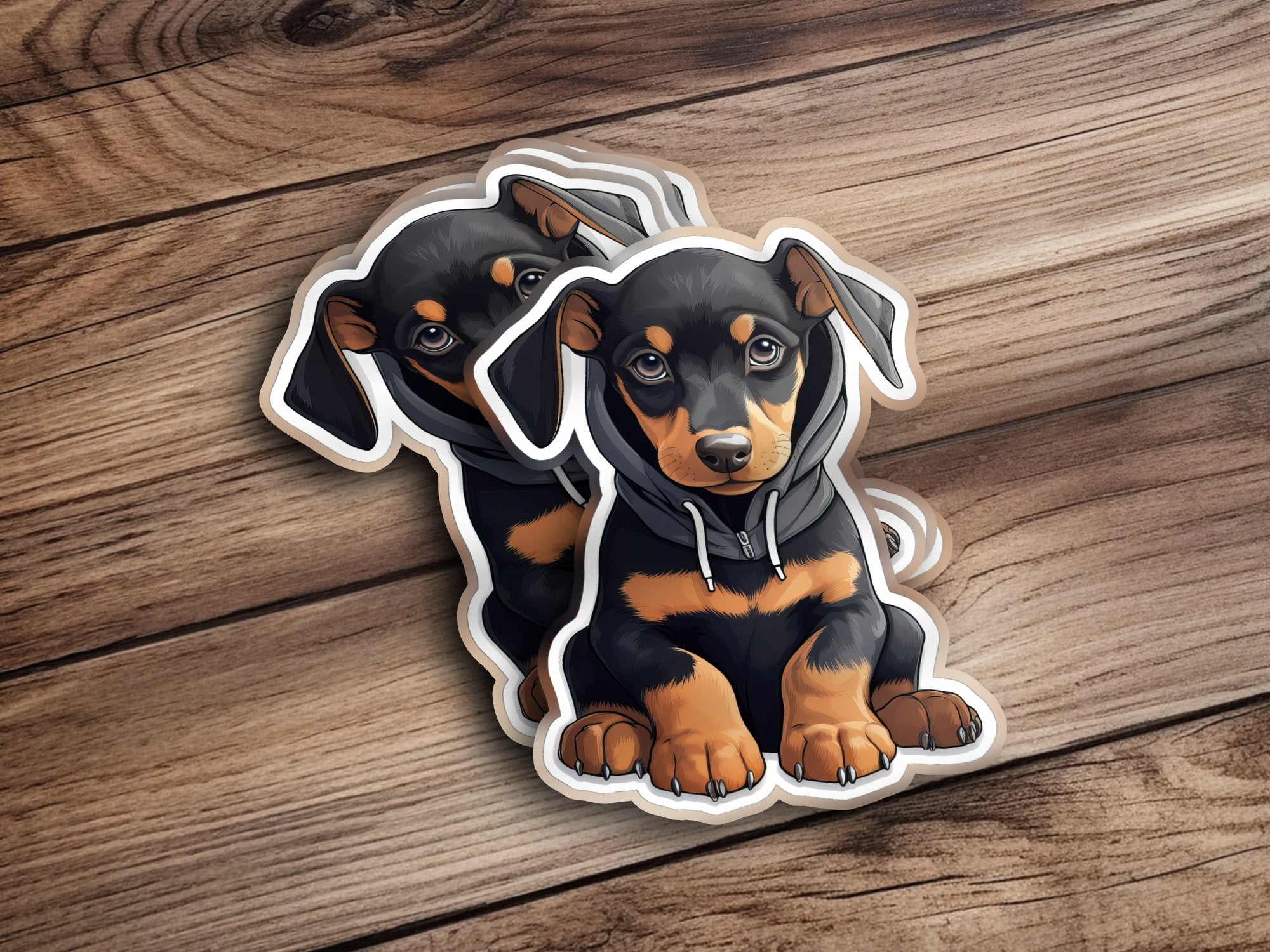 Cute Sticker Doberman Puppy Wearing a Dark Hoodie | Sticker | adorable pet, animal lover, car bumper sticker, chibi puppy, cool waterbottle, Hoodie, hoodie pup, laptop label, party favor kids, Puppy Hoodie, school supply label, vinyl groovy style, waterproof decal | MyDesigns