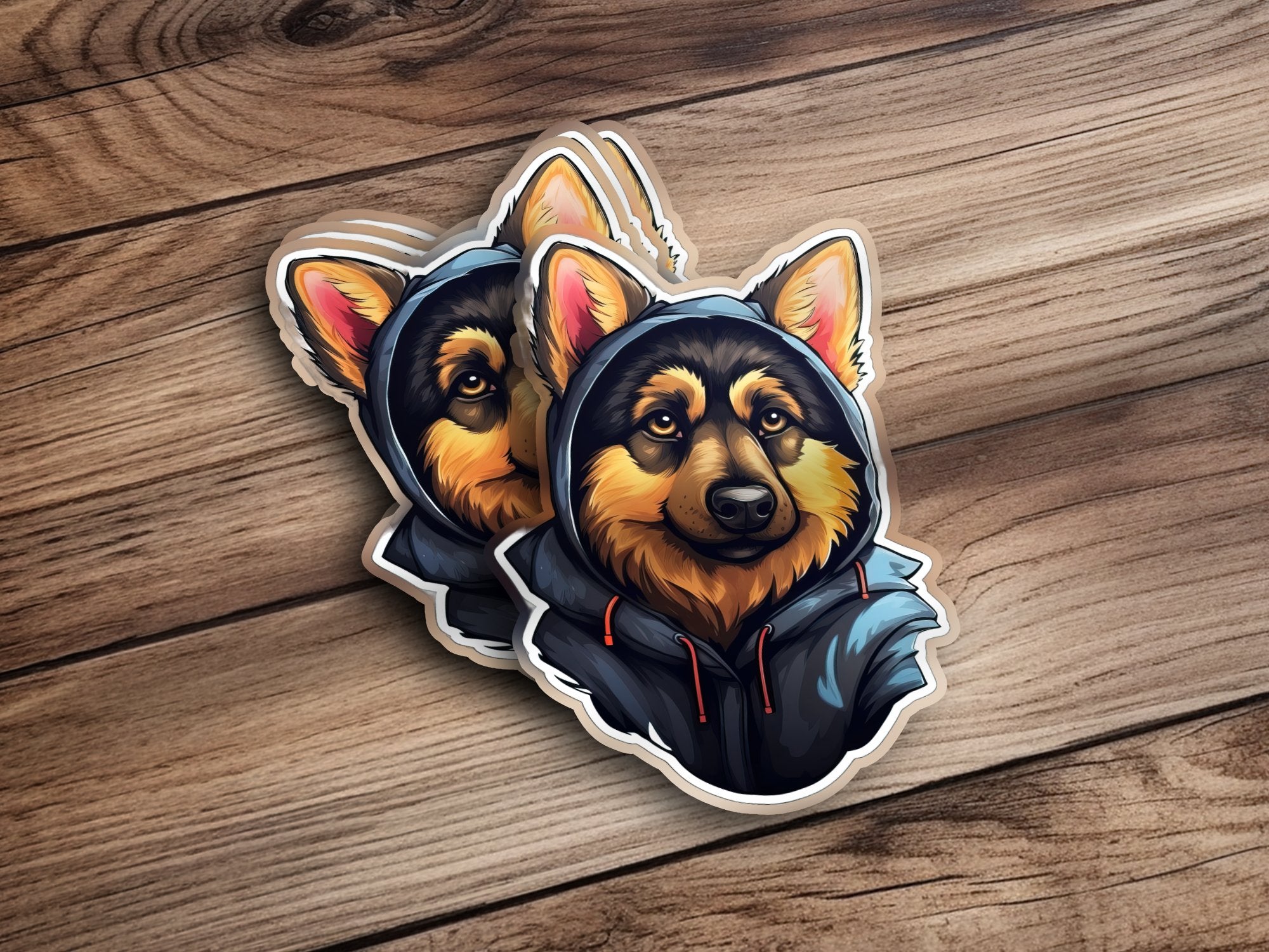 Cute Sticker | German Shepherd Puppy Wearing a Blue and Gray hoodie | Sticker | adorable pet, animal lover, car bumper sticker, chibi puppy, cool waterbottle, Hoodie, hoodie pup, laptop label, party favor kids, Puppy Hoodie, school supply label, vinyl groovy style, waterproof decal | MyDesigns