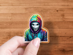 mysterious hoodie skull mask blue eyes sticker, laptop skateboard car  | mysterious hoodie skull mask blue eyes sticker, laptop skateboard car truck window vinyl decal sticker