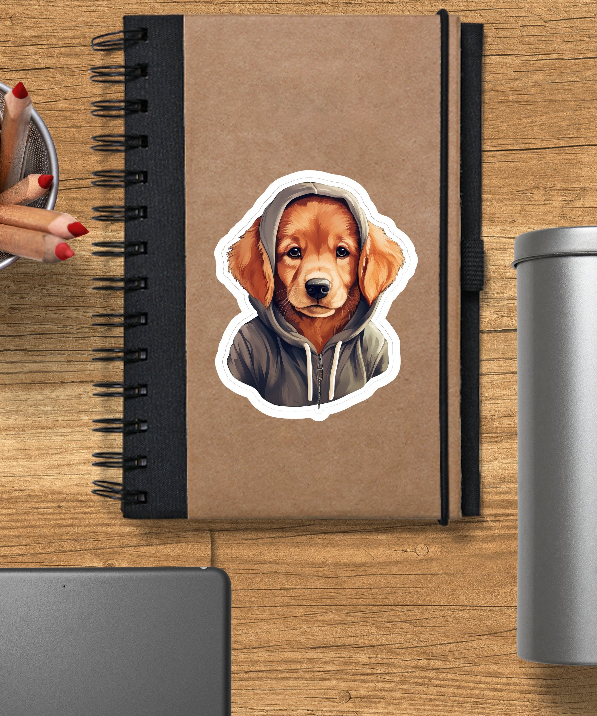 Cute Sticker Golden Retriever wearing a Dark Hoodie - Gabe Atkins Designs