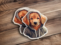 Cute Sticker Golden Retriever wearing a Dark Hoodie | Sticker | adorable pet, animal lover, car bumper sticker, chibi puppy, cool waterbottle, Hoodie, hoodie pup, laptop label, party favor kids, Puppy Hoodie, school supply label, vinyl groovy style, waterproof decal | MyDesigns