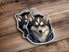 Cute Sticker Huskey Wearing a Dark Hoodie | Sticker | adorable pet, animal lover, car bumper sticker, chibi puppy, cool waterbottle, Hoodie, hoodie pup, laptop label, party favor kids, Puppy Hoodie, school supply label, vinyl groovy style, waterproof decal | MyDesigns